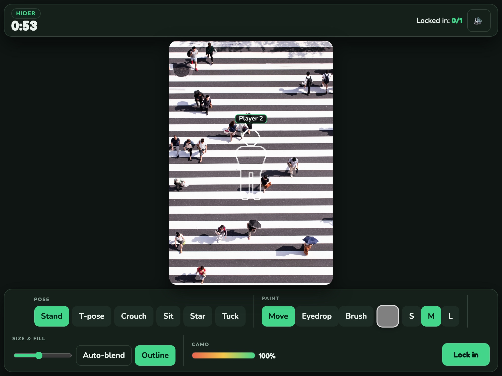 Neon Chameleon gameplay: a figure painted to blend into an aerial crosswalk photo