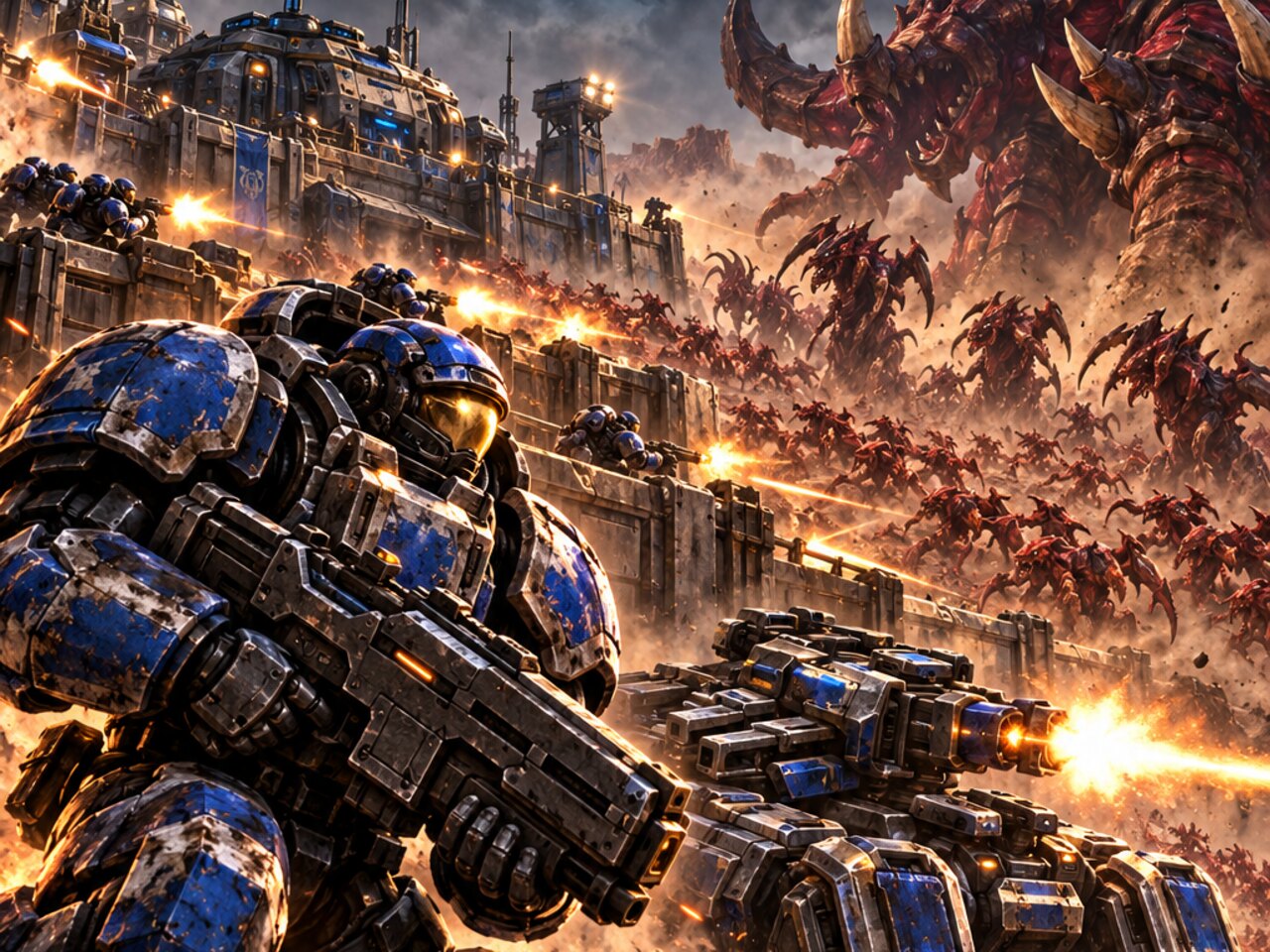 Starcraft: Last Bastion concept artwork of a futuristic fortress facing an alien swarm